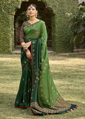 Green printed chanderi silk saree with blouse 1