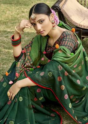 Green printed chanderi silk saree with blouse 2