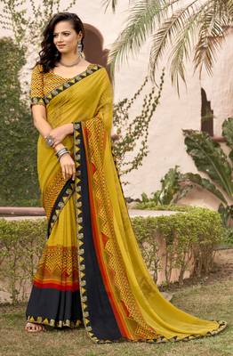 Mustard printed georgette saree with blouse 1