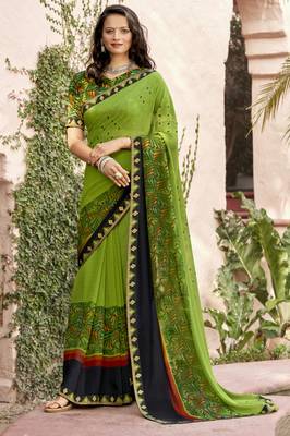 Green printed georgette saree with blouse 2