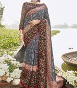 Grey printed chanderi silk saree with blouse