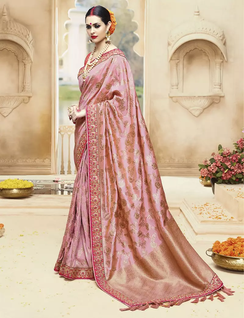 blush pink  embroidered kanchipuram silk blend saree with blouse