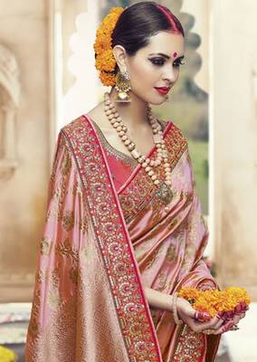 Blush pink embroidered Faux kanchipuram silk blend saree with blouse 3