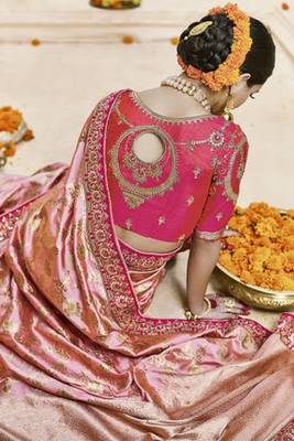 Blush pink embroidered Faux kanchipuram silk blend saree with blouse 4