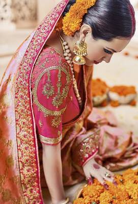 Blush pink embroidered Faux kanchipuram silk blend saree with blouse 5