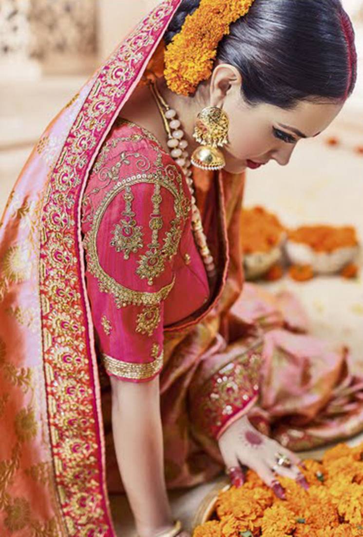 Blush pink embroidered Faux kanchipuram silk blend saree with blouse