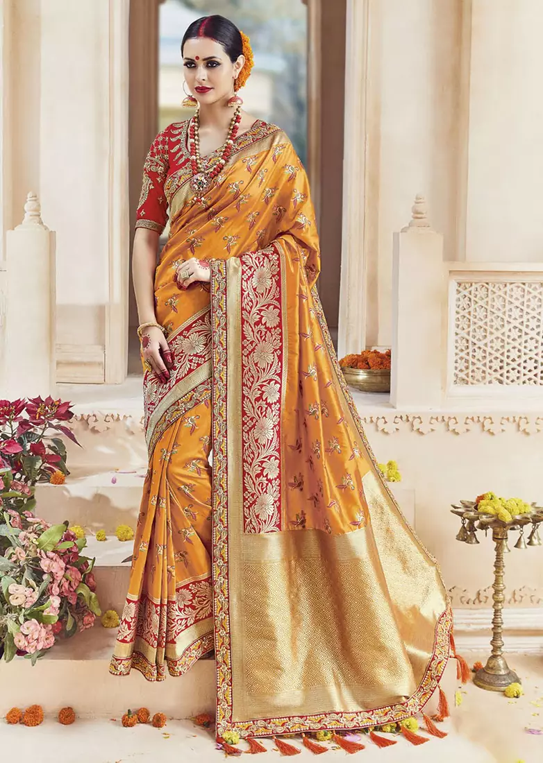 Amber embroidered silk blend saree with blouse