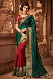 Dark green embroidered art silk blend saree with blouse