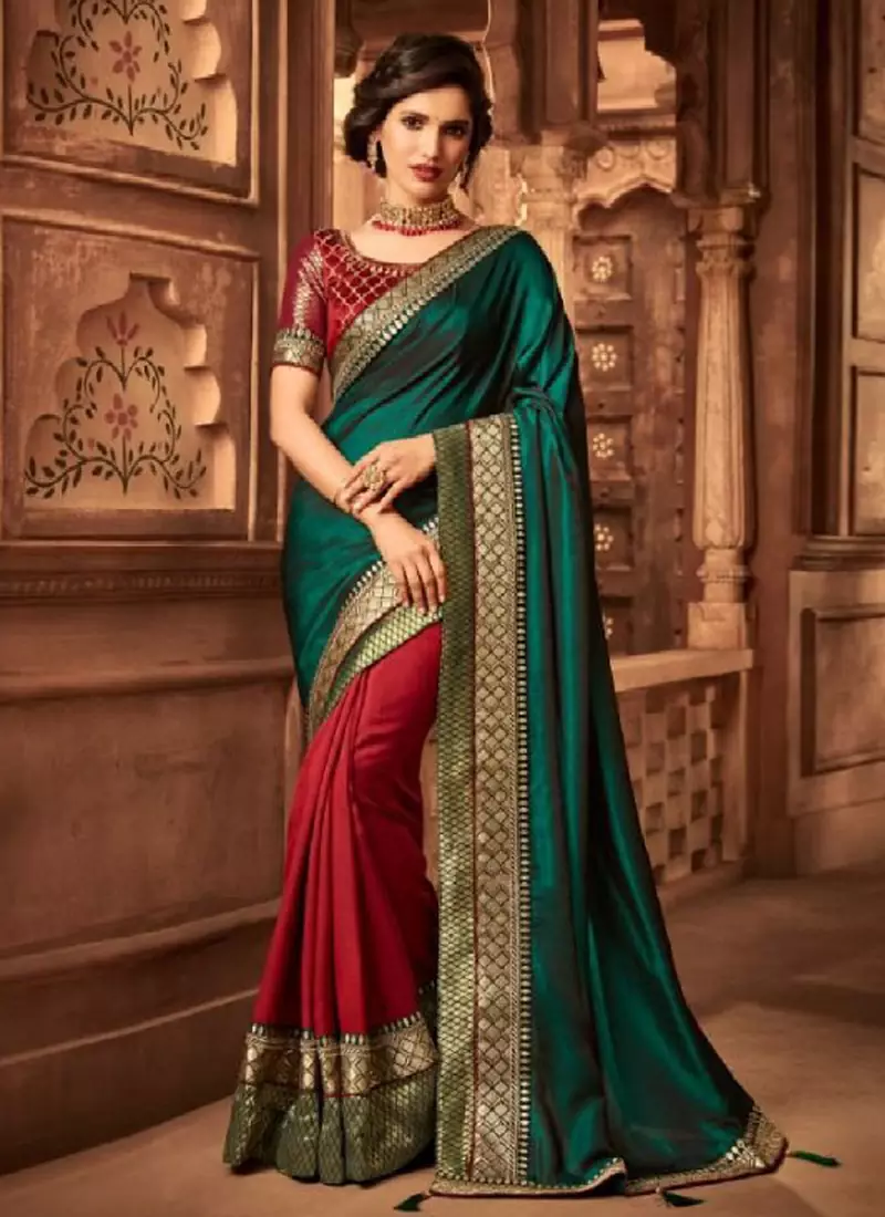 Dark green embroidered art silk blend saree with blouse