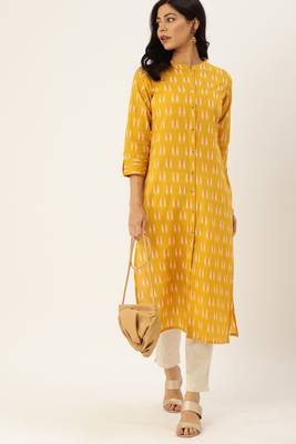 Yellow printed cotton ethnic-kurtis 4