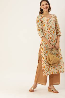 Rajnandini Beige printed cotton ethnic-kurtis 3