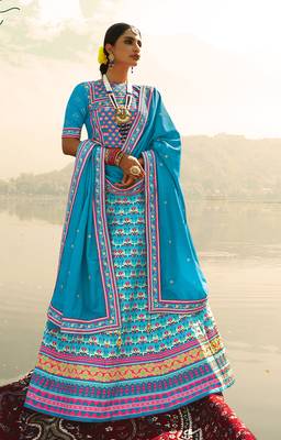 Light-blue printed silk semi stitched lehenga 1