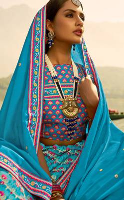 Light-blue printed silk semi stitched lehenga 2