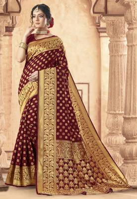 Maroon woven poly silk saree with blouse 1
