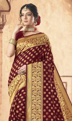 Maroon woven poly silk saree with blouse 2
