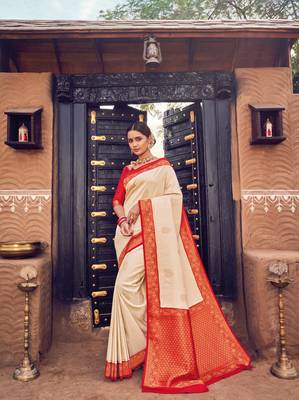 Colour Cream semi silk Kanjiveram Saree 1