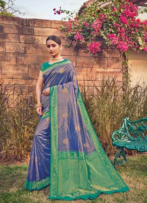 Azure Blue semi Kanjiveram Saree 1