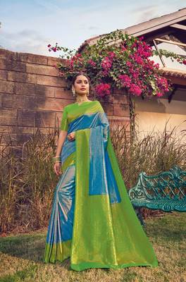 Troquoise Blue semi Kanjiveram silk Saree 1