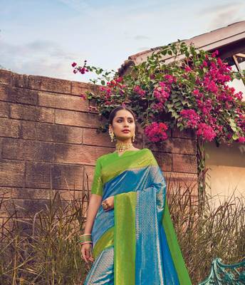 Troquoise Blue semi Kanjiveram silk Saree 2