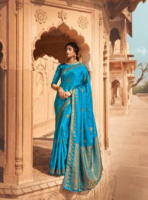 Cerulean Blue semi Kanjiveram Silk Saree 1