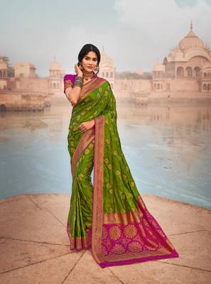 Olive Green semi Kanjiveram Silk Saree 1
