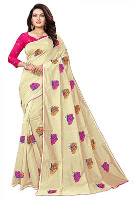 Cream color Embroidery Work Chanderi Cotton Mirror work saree with embroidery work Blouse 1