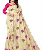Cream color Embroidery Work Chanderi Cotton Mirror work saree with embroidery work Blouse