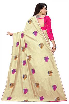 Cream color Embroidery Work Chanderi Cotton Mirror work saree with embroidery work Blouse 2