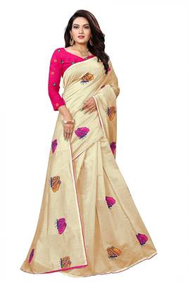Cream color Embroidery Work Chanderi Cotton Mirror work saree with embroidery work Blouse 3