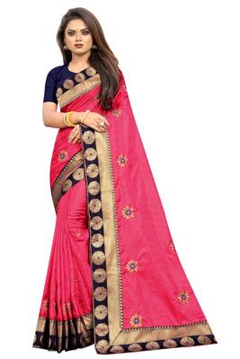 Dark Pink Embroidery Zari Saree with Jacquard Border and With Blouse 1