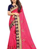Dark Pink Embroidery Zari Saree with Jacquard Border and With Blouse