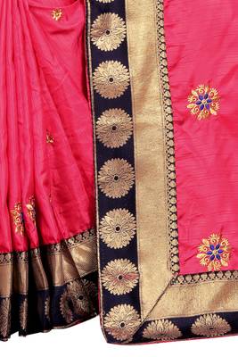 Dark Pink Embroidery Zari Saree with Jacquard Border and With Blouse 2