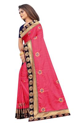 Dark Pink Embroidery Zari Saree with Jacquard Border and With Blouse 3