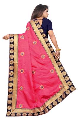 Dark Pink Embroidery Zari Saree with Jacquard Border and With Blouse 4