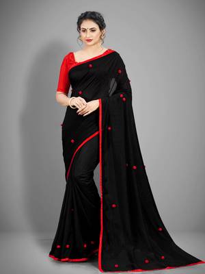 Black Color with Pom Pom Silk Saree with Blouse for Party or Festive wear 1