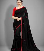 Black Color with Pom Pom Silk Saree with Blouse for Party or Festive wear