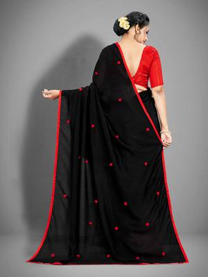 Black Color with Pom Pom Silk Saree with Blouse for Party or Festive wear 2