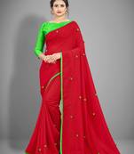 Red Color with Pom Pom Silk Saree with Blouse for Party or Festive wear