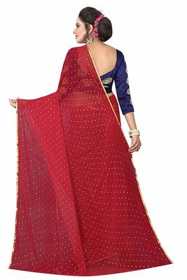 Red Gold Butti Embellishment Nazneen Chiffon Saree with Jacquard Blouse 3