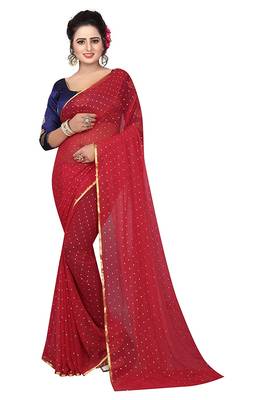 Red Gold Butti Embellishment Nazneen Chiffon Saree with Jacquard Blouse 1