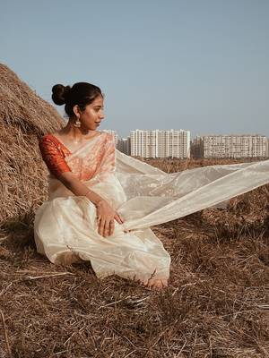 Golden Solid Organza Tissue Silk pure Saree with Jacquard Blouse 3