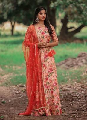 Orange Rayon Fit and Flare  Crop Top  Skirt Dupatta 1