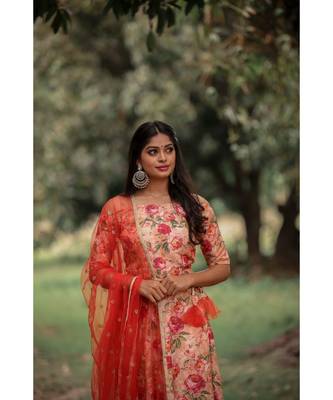 Orange Rayon Fit and Flare  Crop Top  Skirt Dupatta 2