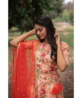 Orange Rayon Fit and Flare  Crop Top  Skirt Dupatta 3