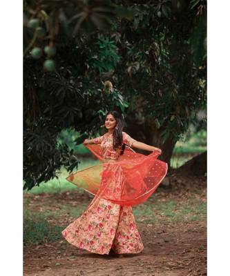 Orange Rayon Fit and Flare  Crop Top  Skirt Dupatta 4