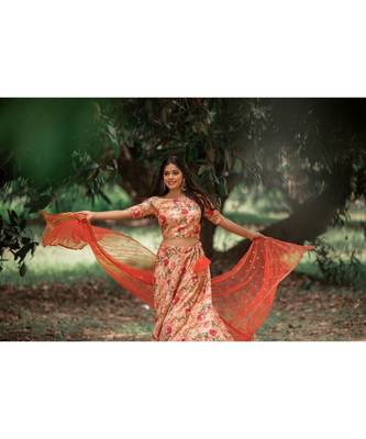 Orange Rayon Fit and Flare  Crop Top  Skirt Dupatta 5