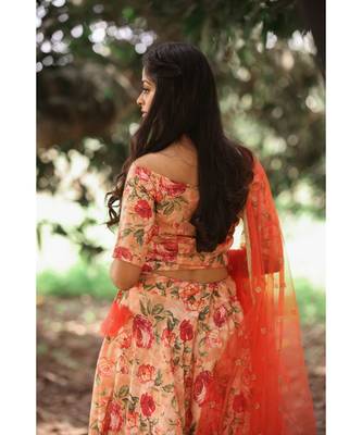 Orange Rayon Fit and Flare  Crop Top  Skirt Dupatta 6
