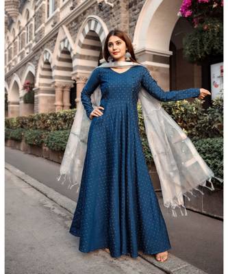 Teal Dupion Silk Cotton  Fit and Flare Dress Dupatta 1