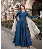 Teal Dupion Silk Cotton  Fit and Flare Dress Dupatta