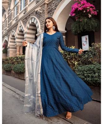 Teal Dupion Silk Cotton  Fit and Flare Dress Dupatta 2